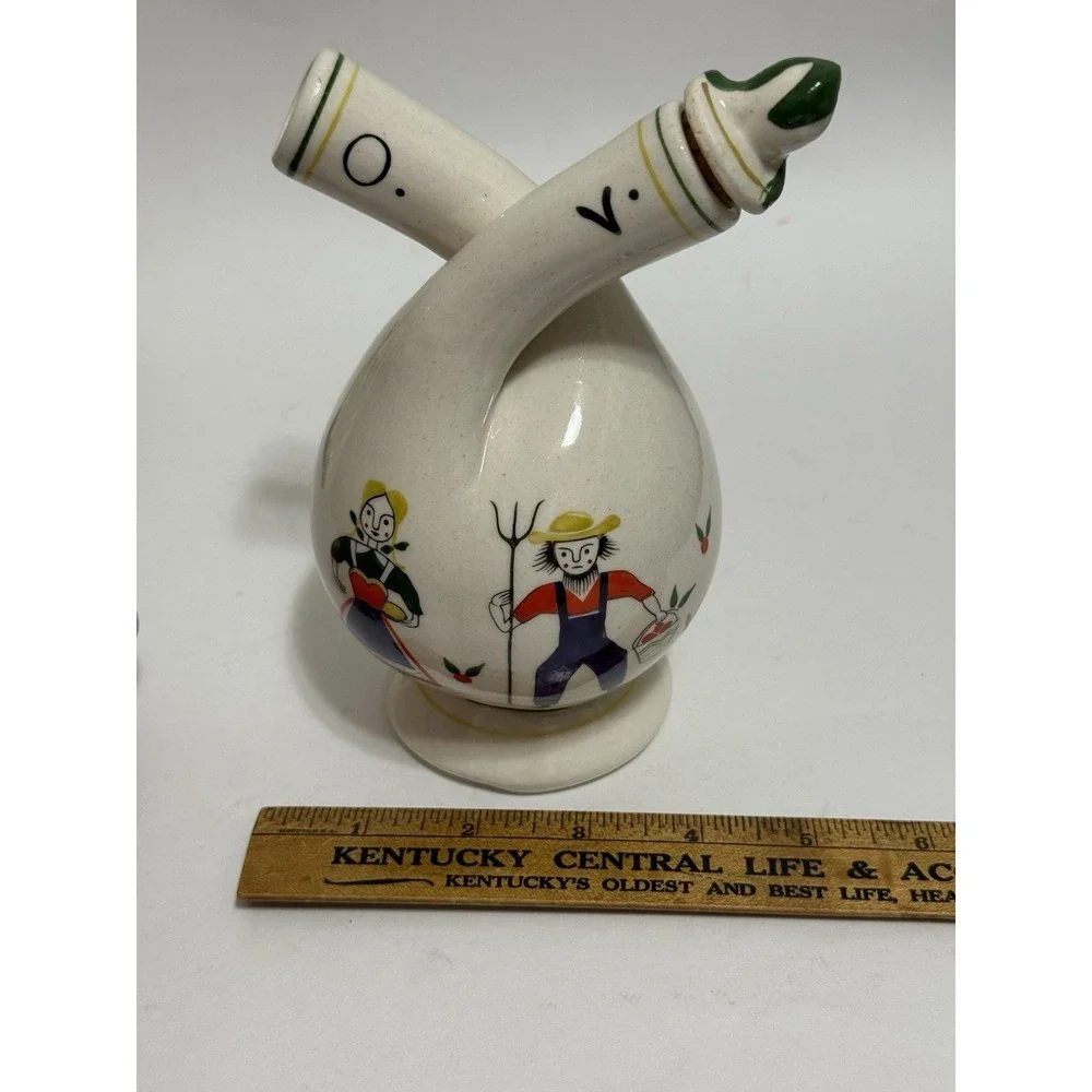 VTG Japan Double Oil & Vinegar Cruet Amish  Folk Art Ceramic Bottle 1 Stopper